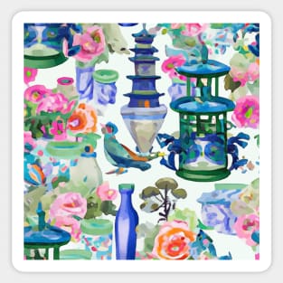 Pagodas and flowers chinoiserie still life Sticker